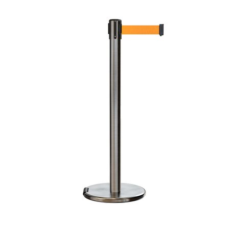 MONTOUR LINE Retractable Belt Rolling Stanchion, 2.5ft Sat.Steel Post  7.5ft Fl.Org ME630-SS-FOR-75